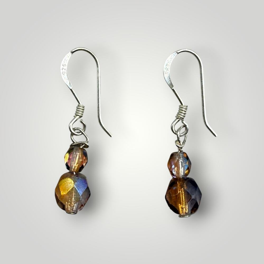925 Sterling Silver Iridescent AB Faceted Glass Bead Dangle Drop Earrings